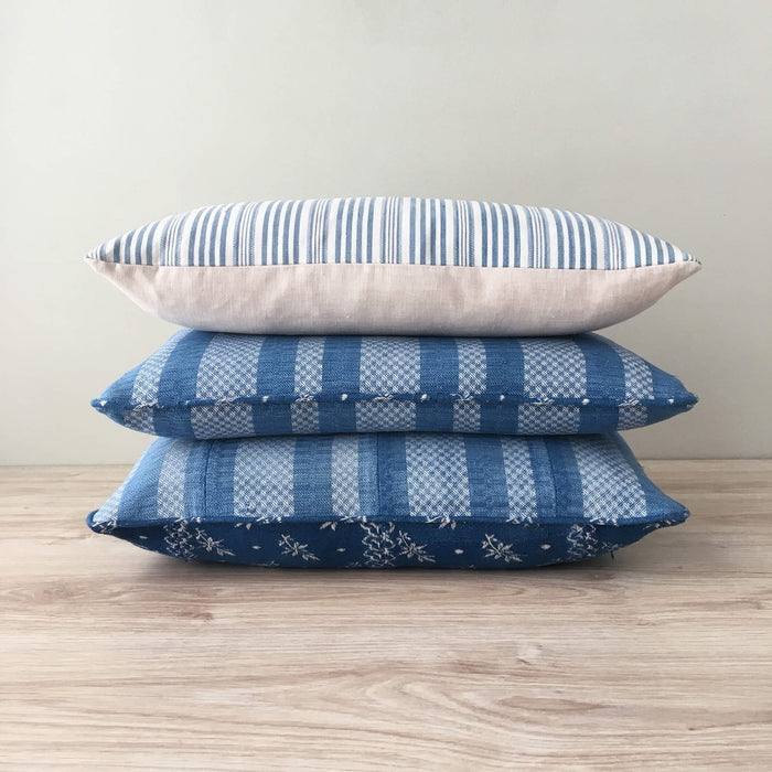 1900s Antique Blue Checked Striped Ticking Pillows PC12