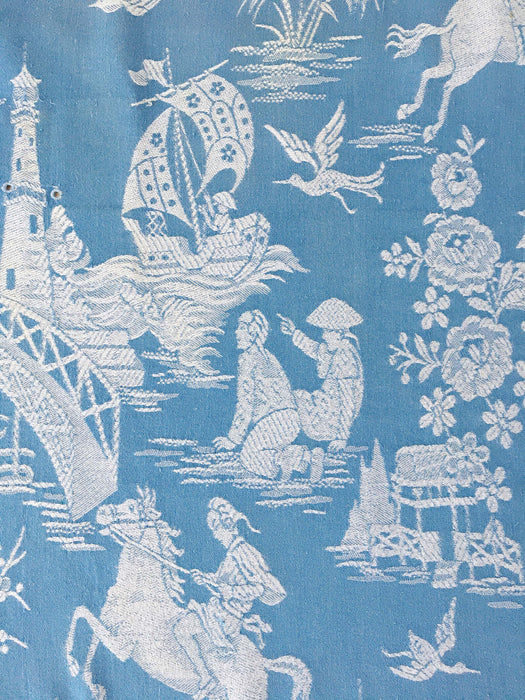 Blue Chinoiserie Scenic Antique European Ticking Fabric Recovered Panels REC-DA-AZUL-020C - Ticking Depot