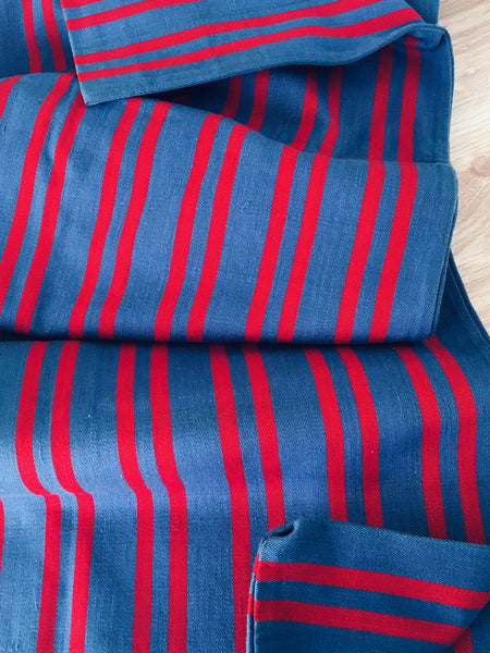 Red Blue Stripes Antique European Ticking Fabric Recovered Panels REC-SE-032 - Ticking Depot